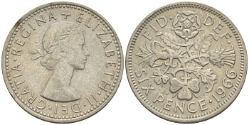 Великобритания 6 пенсов 1966 Елизавета II (1952-2022) KM 903, Spink 4149 медно-никель 4392-1066