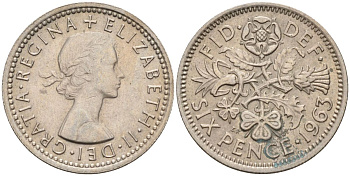 Великобритания 6 пенсов 1963 Елизавета II (1952-2022) KM 903, Spink 4149 медно-никель 4154-244