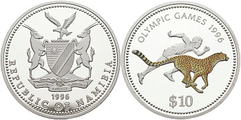 Намибия 10 долларов 1995 олимпийские игры 1996 года в Атланте США, бег с гепардом, цветная эмаль KM 11 серебро PROOF 04-316-35