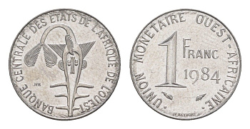 Западная Африка (BCEAO) 1 франк 1984 Центральный банк государств Западной Африки KM 8 нержавеющая слава UNC 4643-735