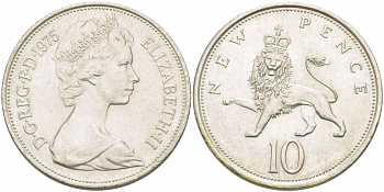 Великобритания 10 пенсов 1975 Елизавета II (1952-2022) KM 912, Spink 4231 (F1) медно-никель  215-421