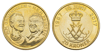 Дания 20 крон 2017 Золотая свадьба KM 966 алюминиевая бронза UNC 4648-1211