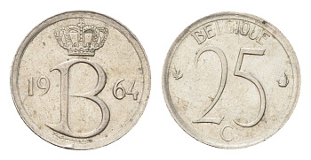 Бельгия 25 сантимов 1964 Belgique, Бодуэн I (1951-1993) KM 153 медно-никель 4705-323