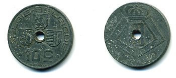 БЕЛЬГИЯ 10 САНТИМОВ 1943 BELGIE-BELGIQUE KM 126 цинк 86-1013