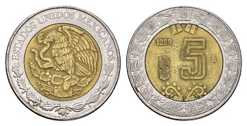 Мексика 5 песо 1999 KM 605 биметалл 4675-313