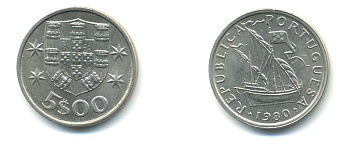 ПОРТУГАЛИЯ 5 ЭСКУДО 1980 ПАРУСНИК KM 591 медно-никель 176-314