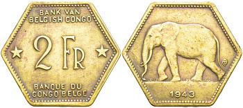 Бельгийское Конго 2 франка 1943 слон, шестиугольная, год тип KM 25 латунь 4541-957