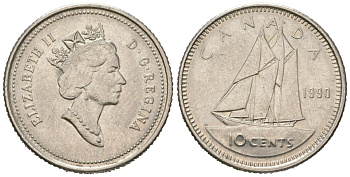 Канада 10 центов 1990 Елизавета II (1952-2022), парусник KM 183 никель 4381-748