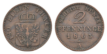 Пруссия 2 пфеннига 1863 A, Вильгельм I (1861-1888) KM 481, Jaeger 51, AKS 107, Olding 425 медь 4651-315