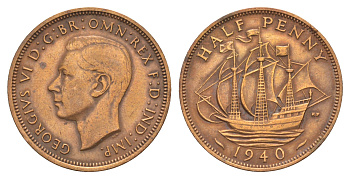 Великобритания 1/2 пенни 1940 Георг VI (1936-1952) KM 844, Spink 4115 бронза 4657-526