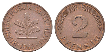 ФРГ 2 пфеннига 1968 G KM 106a, J.381a сталь плакированная медью 4697-551