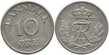 Дания 10 эре 1953 N; S, Фредерик IX (1947-1972) KM 841.1 медно-никель 4398-916