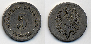 ГЕРМАНИЯ 5 ПФЕННИГОВ 1874 A, СТАРОГЕРБОВКА KM 3, J. 3 медно-никель 37-211