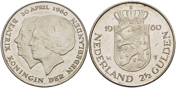 Нидерланды 2 1/2 гульдена 1980 коронация Беатрикс, 30 апреля 1980 KM 201 никель 38-112
