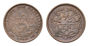 Нидерланды 1/2 цента 1940 Вильгельмина (1890-1948) KM 138 бронза 4674-1121