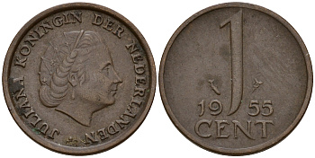 Нидерланды 1 цент 1955 Юлиана (1949-1980) KM 180 бронза    4598-162