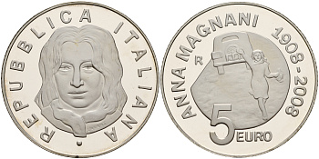 Италия 5 евро 2008 R, 100 лет Анне Маньяни, в оригинальной коробке с сертификатом KM 303 серебро 2-4-2-28