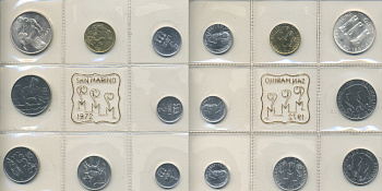 Сан-Марино годовой набор из 8 монет 1972 1, 2, 5, 10, 20, 50, 100 и 500 лир мать поднимает ребенка в воздух KM 14-21, в оригинальной пластиковой запайке серебро KM MS1 серебро UNC 3-6-3-65