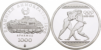 Греция 1000 драхм 1996 ОЛИ100 лет Олимпийским играм - Борьба KM 166 серебро PROOF 1068-2-24