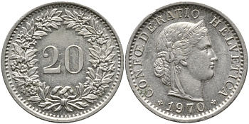 Швейцария 20 раппенов 1970 KM 29a медно-никель 4392-1259