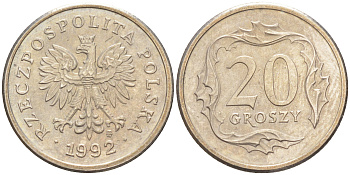 ПОЛЬША 20 ГРОШЕЙ 1992 MW KM 280 медно-никель UNC 187-927