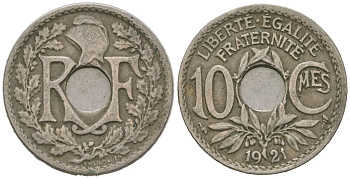 Франция 10 сантимов 1921 тип Линдайё KM 866a, Le Franc 138.3 медно-никель 4615-648