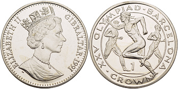 Гибралтар 1 крона 1991 XXV Олимпийские игры 1992 года в Барселоне, легкая атлетика, бег KM 68 медно-никель UNC 1084-8-44