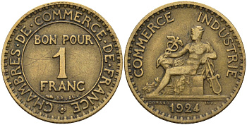 Франция 1 франк 1924 KM 876, Le Franc 218.5 алюминиевая бронза 4142-747