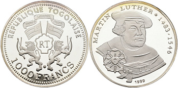 Того 1000 франков 1999 Мартин Лютер (1483-1546) KM 16 серебро PROOF 04-318-23