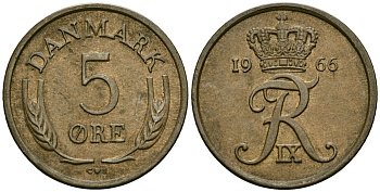 Дания 5 эре 1966 C; S, Фредерик IX (1947-1972) KM 848.1 бронза 4138-836