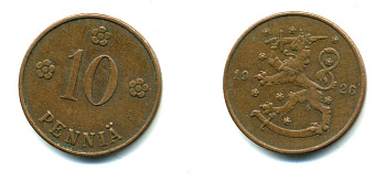 Финляндия 10 пенни 1926 республика (1918-1962) KM 24 медь 46-1521