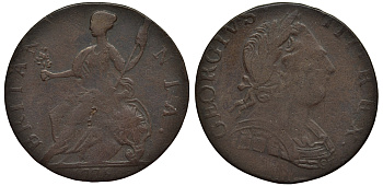 Великобритания 1/2 пенни 1775 Георг III (1760-1820) KM 601, Spink 3774 медь 1523-943