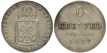Австрия 6 крейцеров 1849 C, Франц Иосиф I (1848-1916) KM 2200 серебро 413-5922
