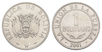 Боливия 1 боливиано 2001 KM 205 нержавеющая сталь UNC 4646-712
