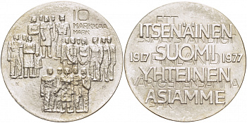 Финляндия 10 марок 1977 K-H, 60 лет независимости (1917-1977) KM 55 серебро UNC 1515-1445