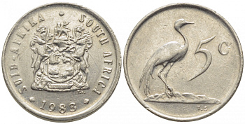 ЮАР 5 центов 1983 герб, райский журавль KM 84 никель 105-1032