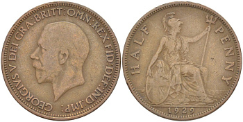 Великобритания 1/2 пенни 1929 Георг V (1910-1936) KM 837, Spink 4058 бронза 4513-554