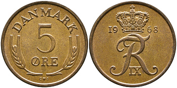 ДАНИЯ 5 ЭРЕ 1968 C; S, ФРЕДЕРИК IX (1947-1972) KM 848.1 бронза 28-1053