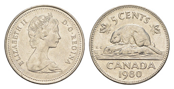 Канада 5 центов 1980 Елизавета II (1952-2022), бобр KM 60.2 никель 4639-513