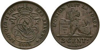 Бельгия 2 сантима 1909 Belges KM 35 медь 4135-952