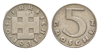 Австрия 5 грошей 1931 KM 2846 медно-никель 4564-1128