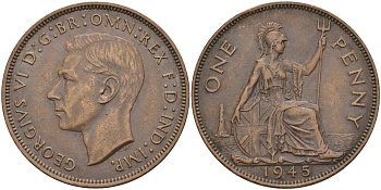 Великобритания 1 пенни 1945 Георг VI (1936-1952) KM 845, Spink 4114 бронза 4117-1226
