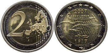 Финляндия 2 евро 2007 90 лет независимости KM 139 биметалл UNC 38-844
