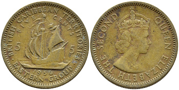 Британские Восточно-Карибские территории 5 центов 1956 Елизавета II (1952-2022), парусник KM 4 никель латунь 4388-1236