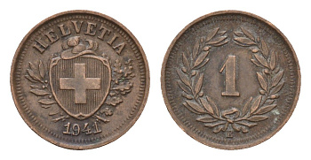 Швейцария 1 раппен 1941 KM 3 бронза 4178-315