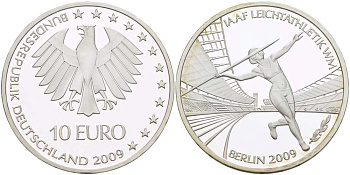 ФРГ 10 евро 2009 чемпионат мира по легкой атлетике в Берлине 2009 года, копьеметатель KM 279, DE.S 10.39 серебро PROOF 1085-5-73