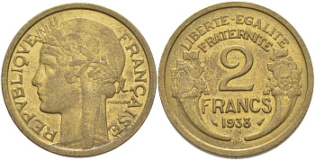 ФРАНЦИЯ 2 ФРАНКА 1938 ТИП MORLON KM 886, LE FRANC 268.11 алюминиевая бронза 3855-112
