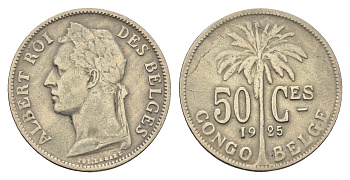 Бельгийское Конго 50 сантимов 1925 Надпись на французском - 'ALBERT ROI DES BELGES' KM 22 медно-никель 4678-1055