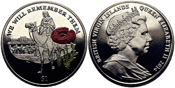 Британские Виргинские острова 1 доллар 2014 в память героев первой мировой войны, солдат верхом на верблюде, красный мак KM NEW медно-никель, эмаль  PROOF  1071-4-11