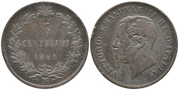 ИТАЛИЯ 5 ЧЕНТЕЗИМО 1861 N, ВИКТОР ИМАНУИЛ II KM 3.3 бронза 34-417